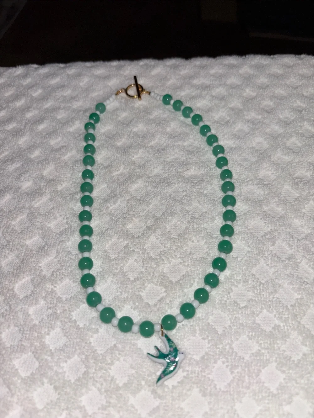 Teal Beaded Necklace with Enamel Swallow Pendant - Women Jewelry